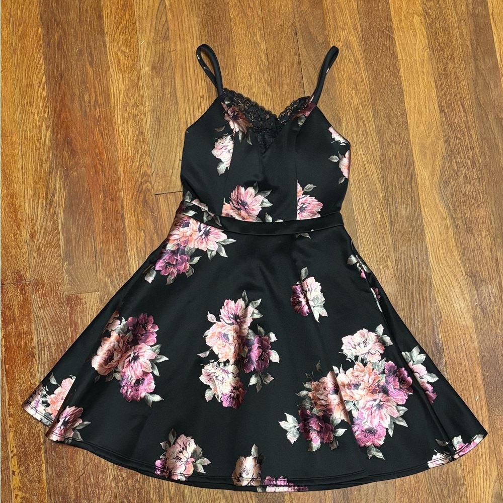 💗Speechless Floral Black Dress with shiny Pink and Purple Flowers lace junior 0